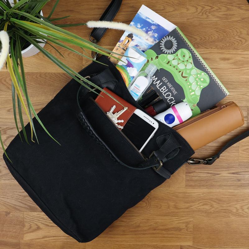Leconi Schultertasche Umhängetasche Henkeltasche Shopper Damentasche Canvas Leder schwarz LE0054 Valentinstagsangebot