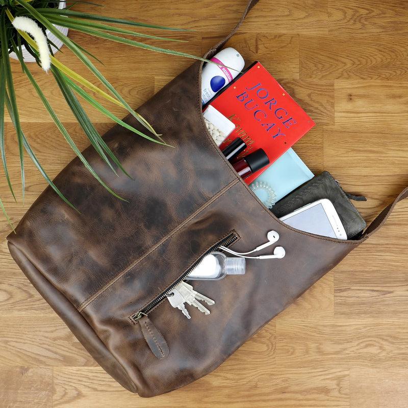 Leconi große Umhängetasche Schultertasche Beuteltasche Damentasche Leder schlamm LE0055 Top Angebot