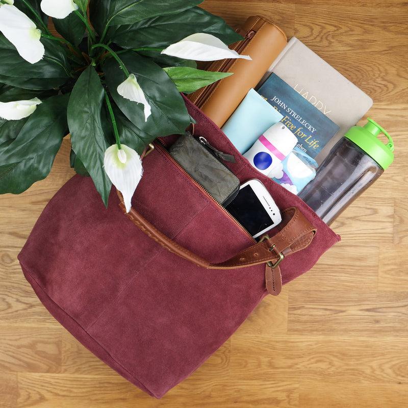 Leconi Henkeltasche Damentasche Veloursleder Leder bordeaux LE0033 Online Outlet