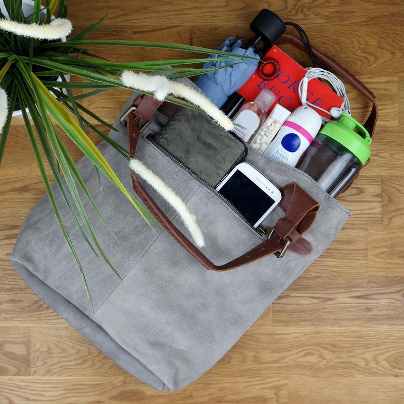Leconi Henkeltasche Damentasche Veloursleder Leder grau LE0033 Blitzangebot