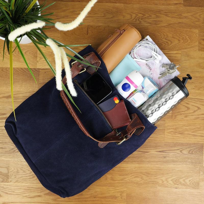 Leconi Henkeltasche Damentasche Veloursleder Leder navy LE0033 Große Rabatte