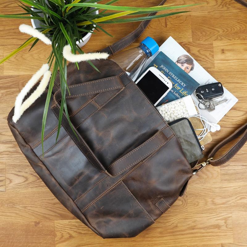Leconi Shopper Schultertasche Henkeltasche Leder schlamm LE0034 Tiefpreis