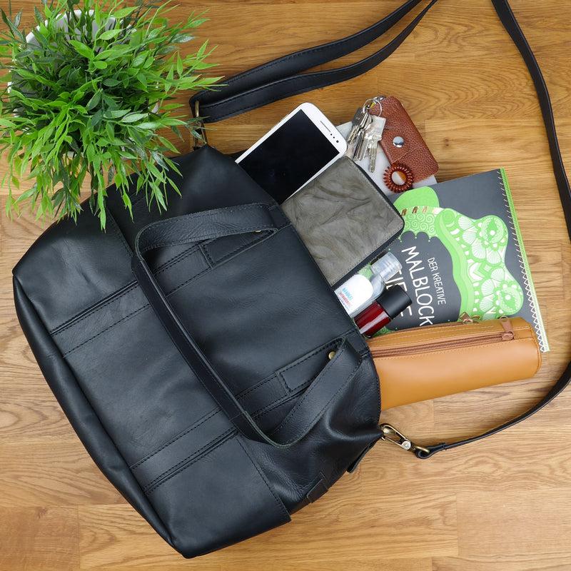 Leconi Shopper Schultertasche Henkeltasche Leder schwarz LE0034 Super Sparpreis