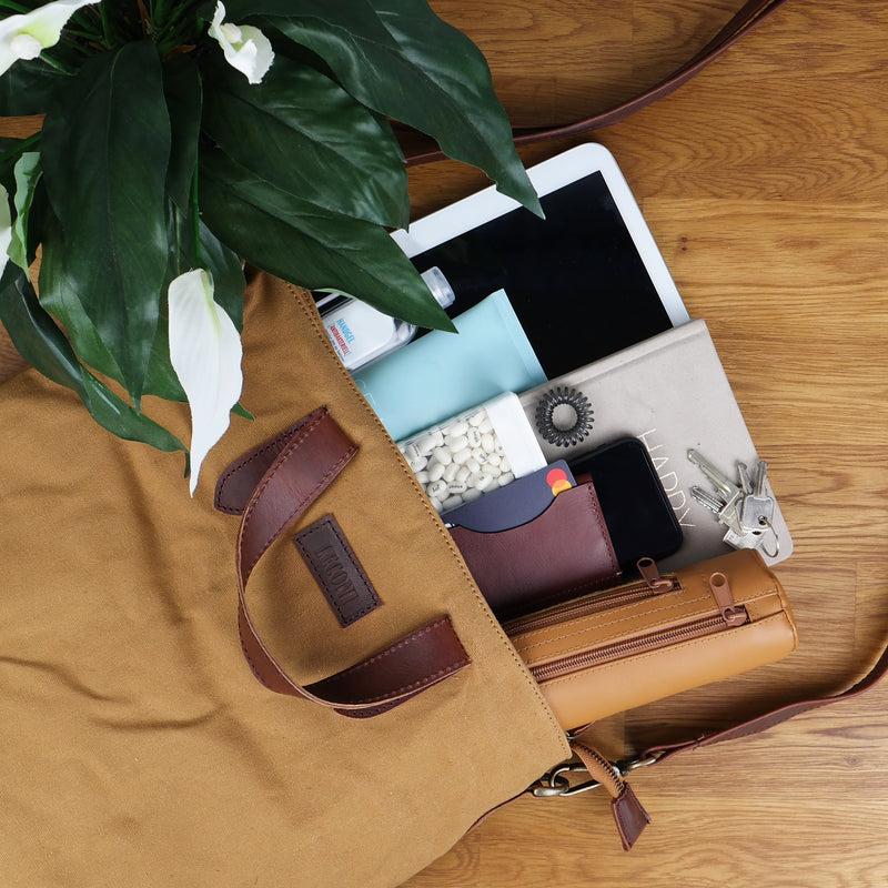 Leconi Shopper Henkeltasche Damen Canvas Leder cognac LE0037 Kostenlose Rückgabe