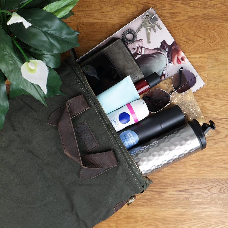 Leconi Shopper Henkeltasche Damen Canvas Leder grün LE0037 Begrenzte Freigabe