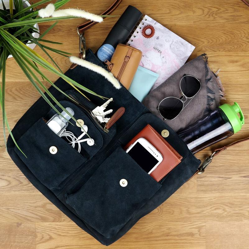 Leconi Schultertasche Umhängetasche Ledertasche Veloursleder anthrazit LE0039 Neueste Stile