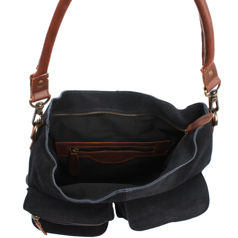 Leconi Schultertasche Umhängetasche Ledertasche Veloursleder anthrazit LE0039 Neueste Stile