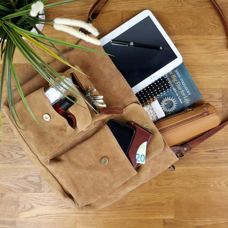 Leconi Schultertasche Umhängetasche Ledertasche Veloursleder cognac LE0039 Letzte 2 Tage