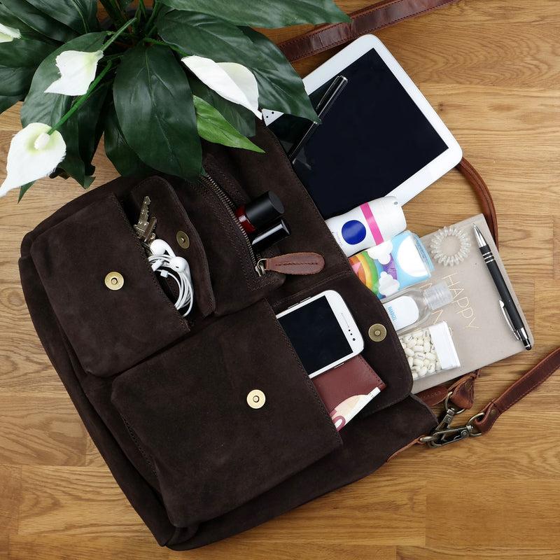Leconi Schultertasche Umhängetasche Ledertasche Veloursleder dunkelbraun LE0039 Letzter Tag