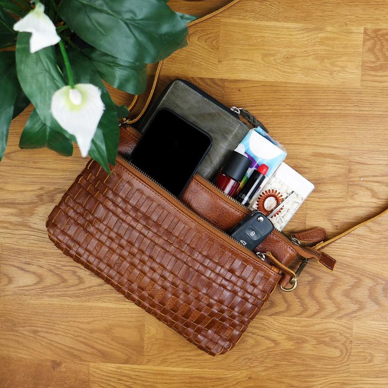 Leconi kleine Umhängetasche Schultertasche Damentasche Clutch Leder braun LE3081 Fabrikladen