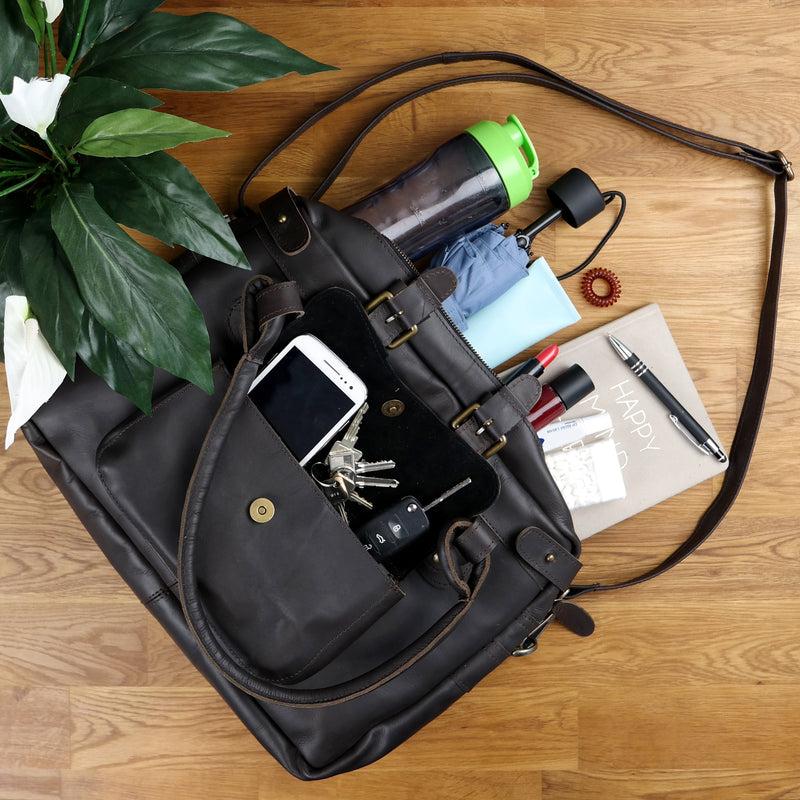 Leconi Schultertasche Henkeltasche Damentasche Handtasche Leder dunkelbraun LE0050 Speichern exportieren