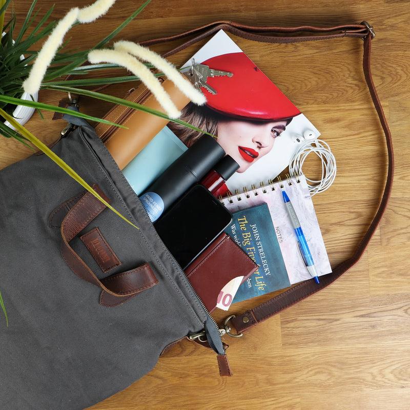 Leconi Shopper Henkeltasche Damen Canvas Leder braun grau LE0037 Rabatte dieses Monats