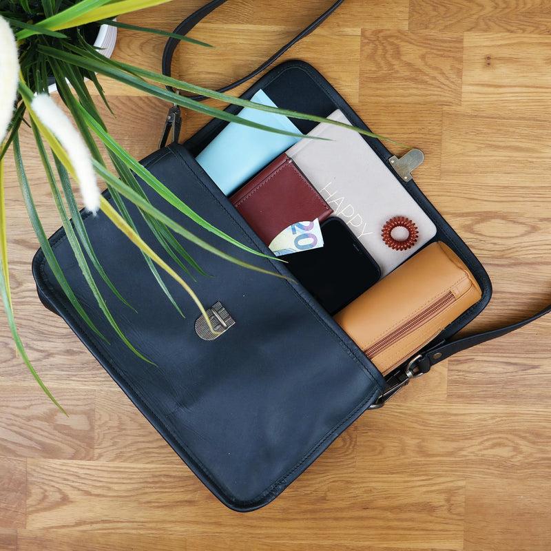 Leconi Schultertasche Umhängetasche Damen Leder gewachstes Rindsleder schwarz LE3044 Hotsell