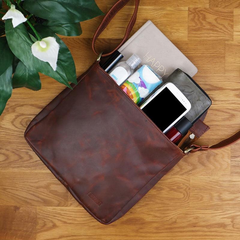 Leconi Umhängetasche Schultertasche Freizeittasche Leder braun LE3058 Fabrik Onlineshop
