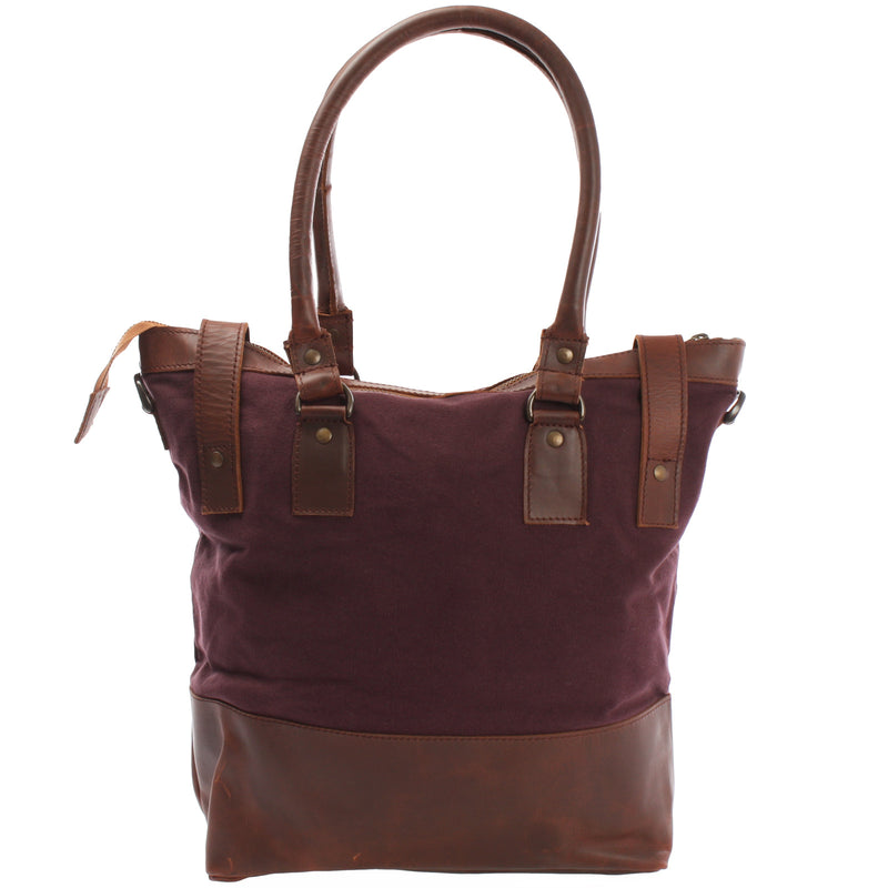 Leconi Schultertasche Handtasche kleiner Shopper Leder Canvas bordeaux LE0056 Günstig kaufen