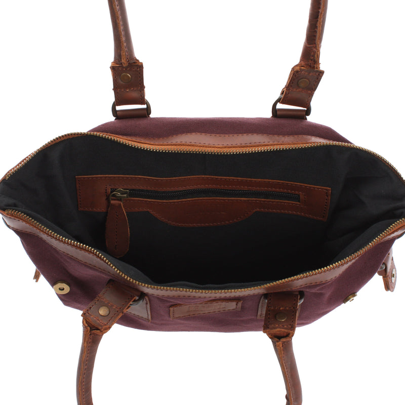 Leconi Schultertasche Handtasche kleiner Shopper Leder Canvas bordeaux LE0056 Günstig kaufen