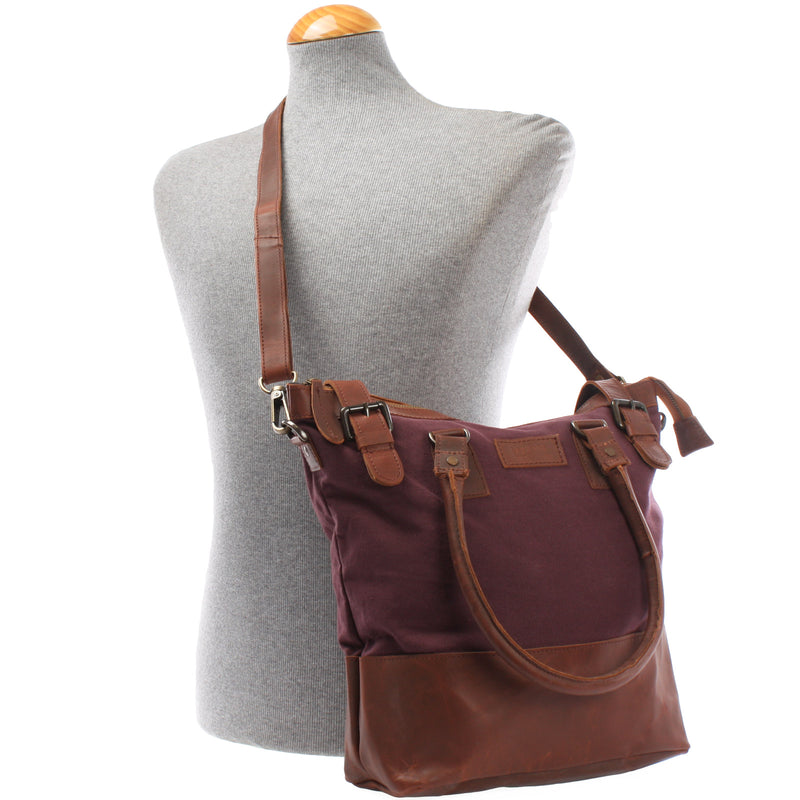 Leconi Schultertasche Handtasche kleiner Shopper Leder Canvas bordeaux LE0056 Günstig kaufen
