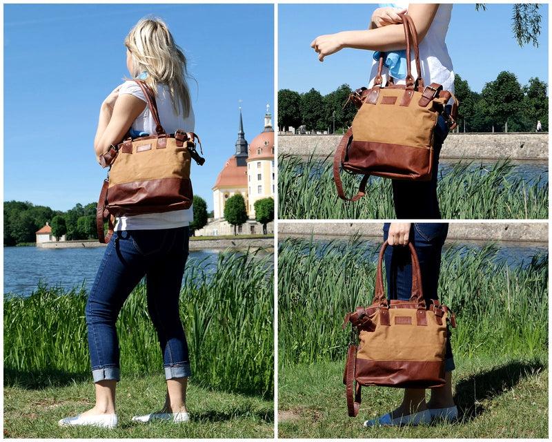 Leconi Schultertasche Handtasche kleiner Shopper Leder Canvas cognac LE0056 Versandkostenfrei