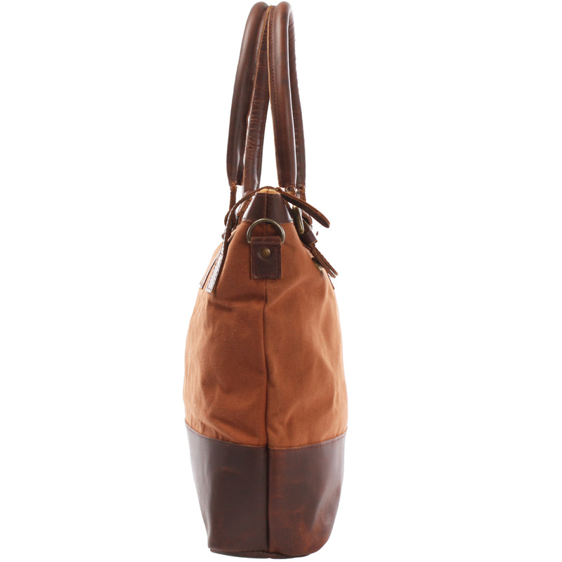 Leconi Schultertasche Handtasche kleiner Shopper Leder Canvas cognac LE0056 Versandkostenfrei