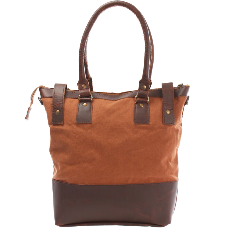 Leconi Schultertasche Handtasche kleiner Shopper Leder Canvas cognac LE0056 Versandkostenfrei