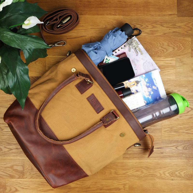 Leconi Schultertasche Handtasche kleiner Shopper Leder Canvas cognac LE0056 Versandkostenfrei