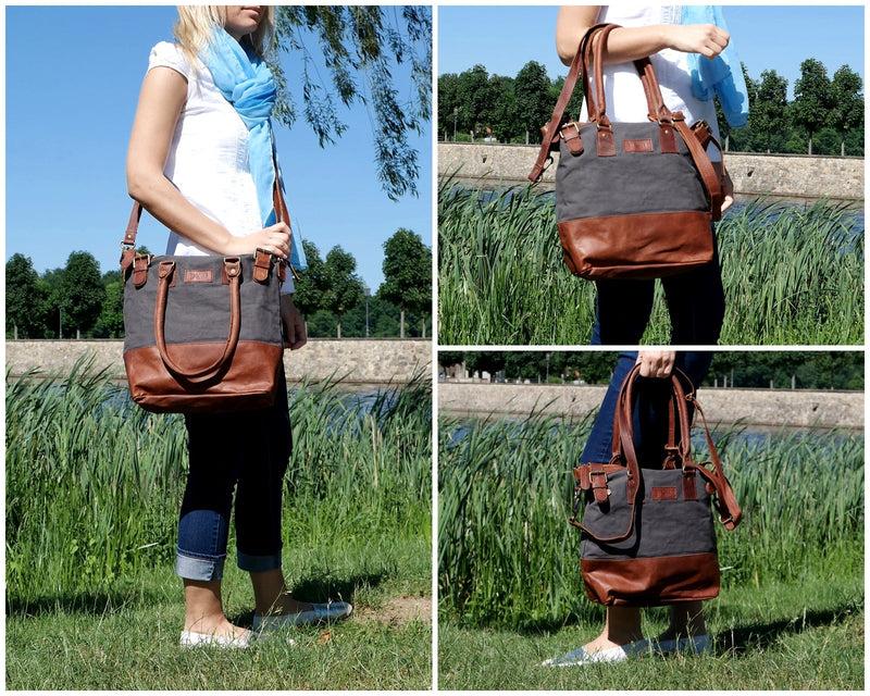 Leconi Schultertasche Handtasche kleiner Shopper Leder Canvas grau LE0056 Großer Ausverkauf