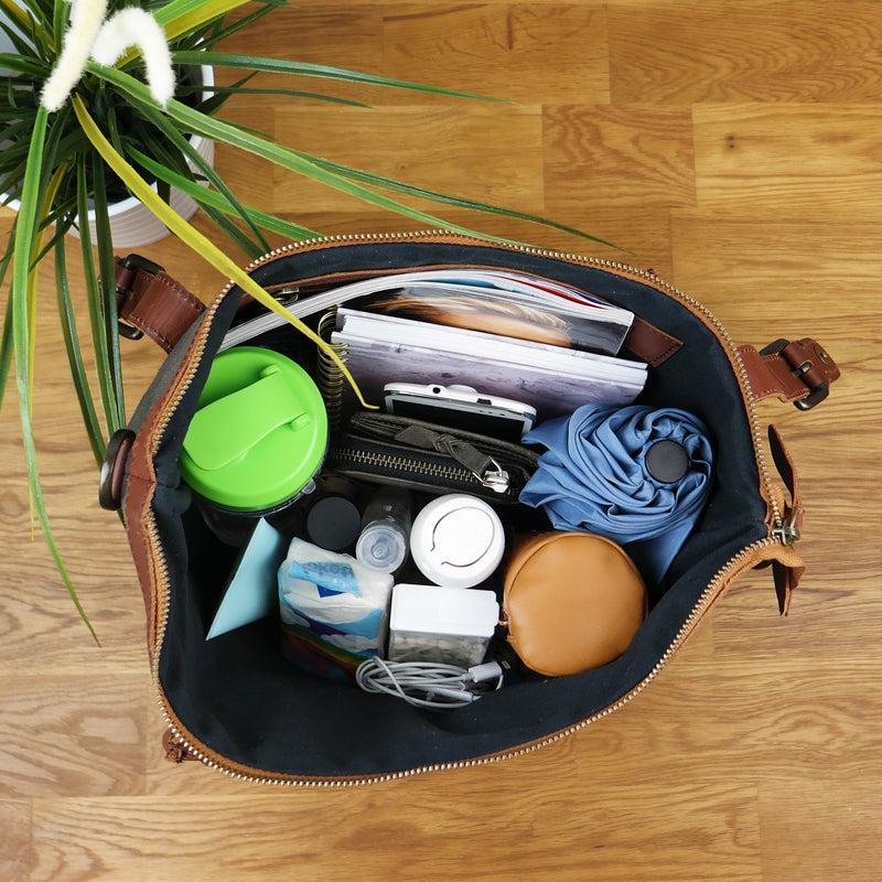 Leconi Schultertasche Handtasche kleiner Shopper Leder Canvas grau LE0056 Großer Ausverkauf