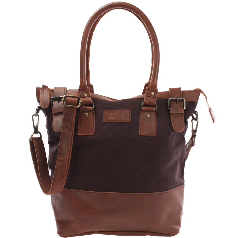 Leconi Schultertasche Handtasche kleiner Shopper Leder Canvas mokka LE0056 Flash Sale