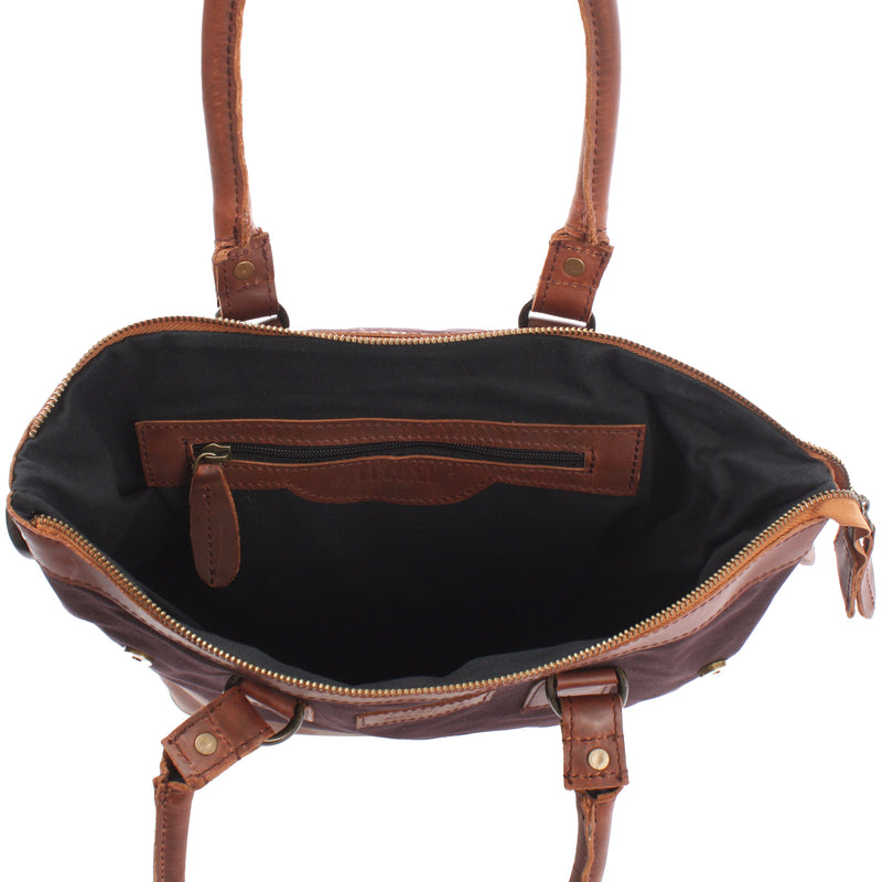 Leconi Schultertasche Handtasche kleiner Shopper Leder Canvas mokka LE0056 Flash Sale