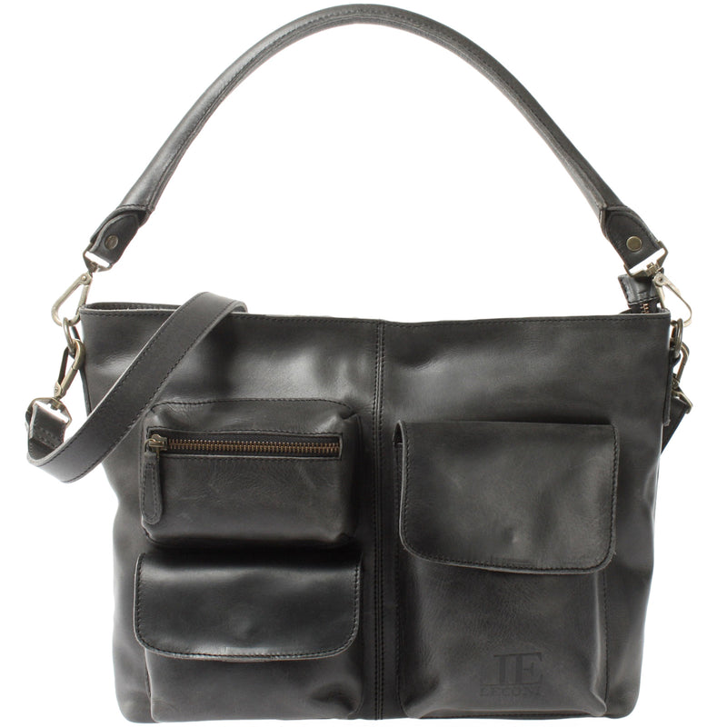 Leconi Schultertasche Umhängetasche Ledertasche Leder Damen dunkelgrau LE0062 Online Shopping