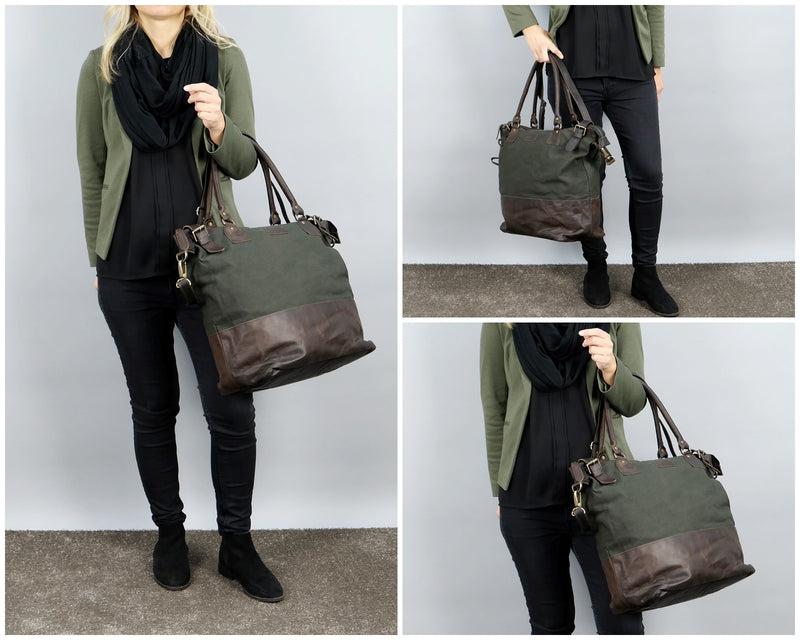 Leconi XXL Shopper Schultertasche Beuteltasche Leder Canvas grün LE2005 Preisnachlass