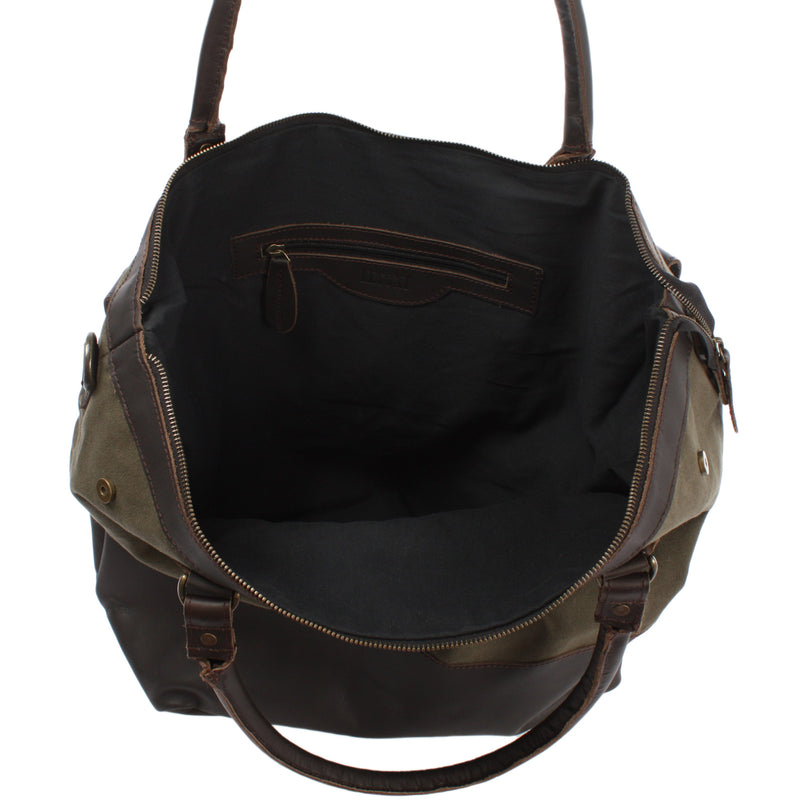 Leconi XXL Shopper Schultertasche Beuteltasche Leder Canvas grün LE2005 Preisnachlass