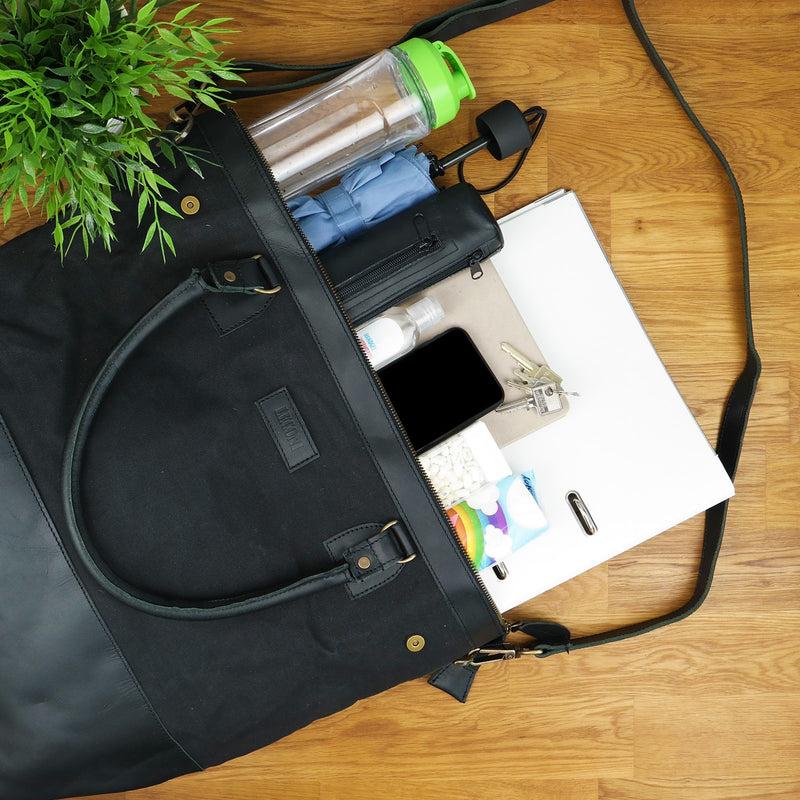 Leconi XXL Shopper Schultertasche Beuteltasche Leder Canvas schwarz LE2005 Cyber Monday