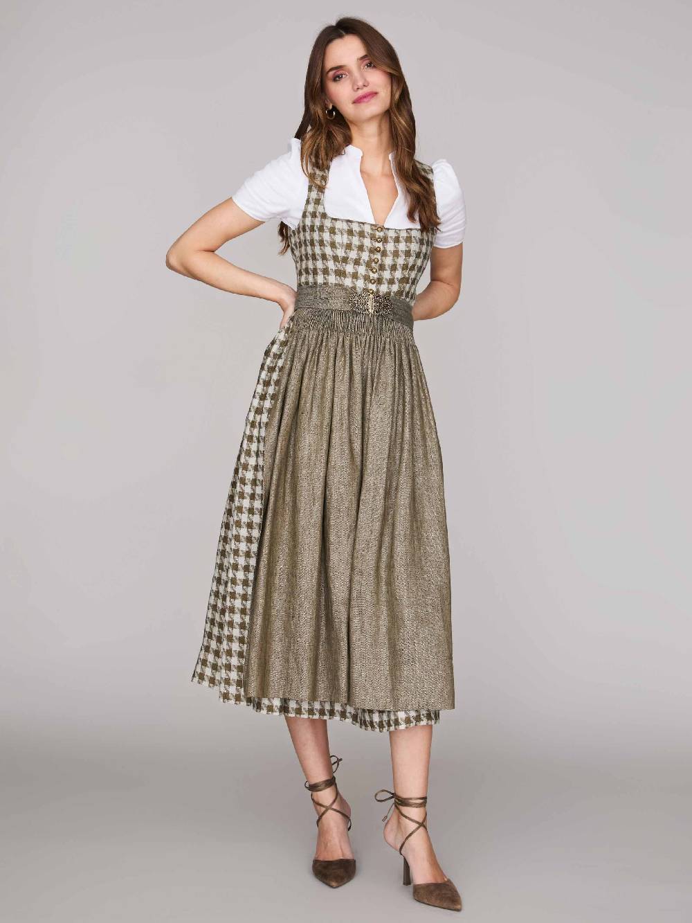 Limberry Grünes Leinen-Dirndl mit Hahnentrittmuster - MONIKA OLIV Letzte 3 Tage