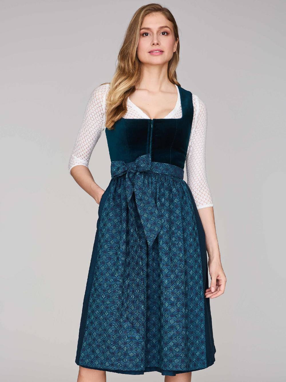 Limberry Petrolblaues Dirndl mit Samt-Mieder - ROMEE DARK TEAL Online Shopping
