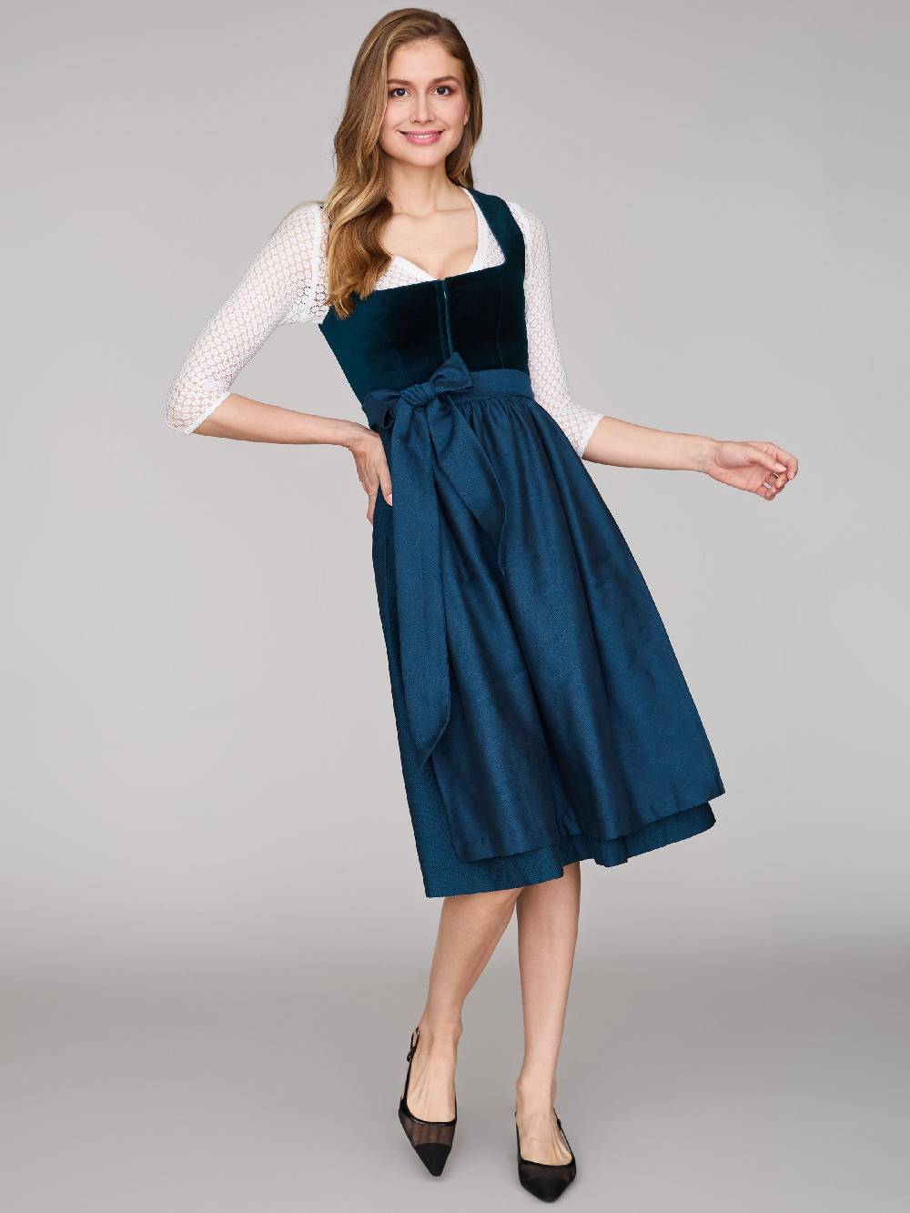 Limberry Petrolblaues Dirndl mit Samt-Mieder - ROMEE DARK TEAL Online Shopping