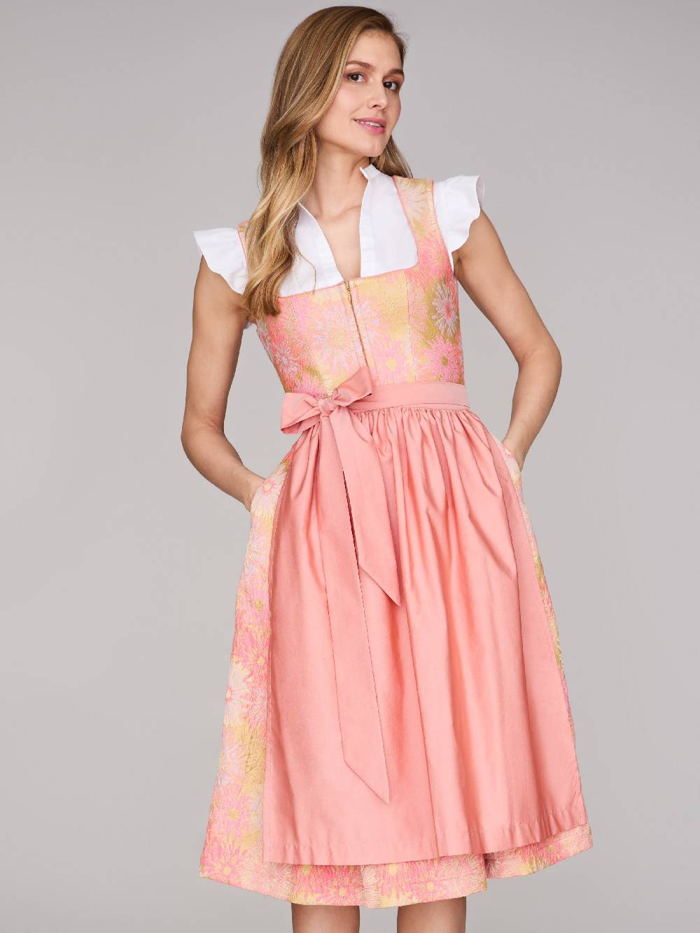Limberry Rosa-farbenes Dirndl mit Blumenmuster - DAHLIA CORAL ALMOND Weihnachtsangebot
