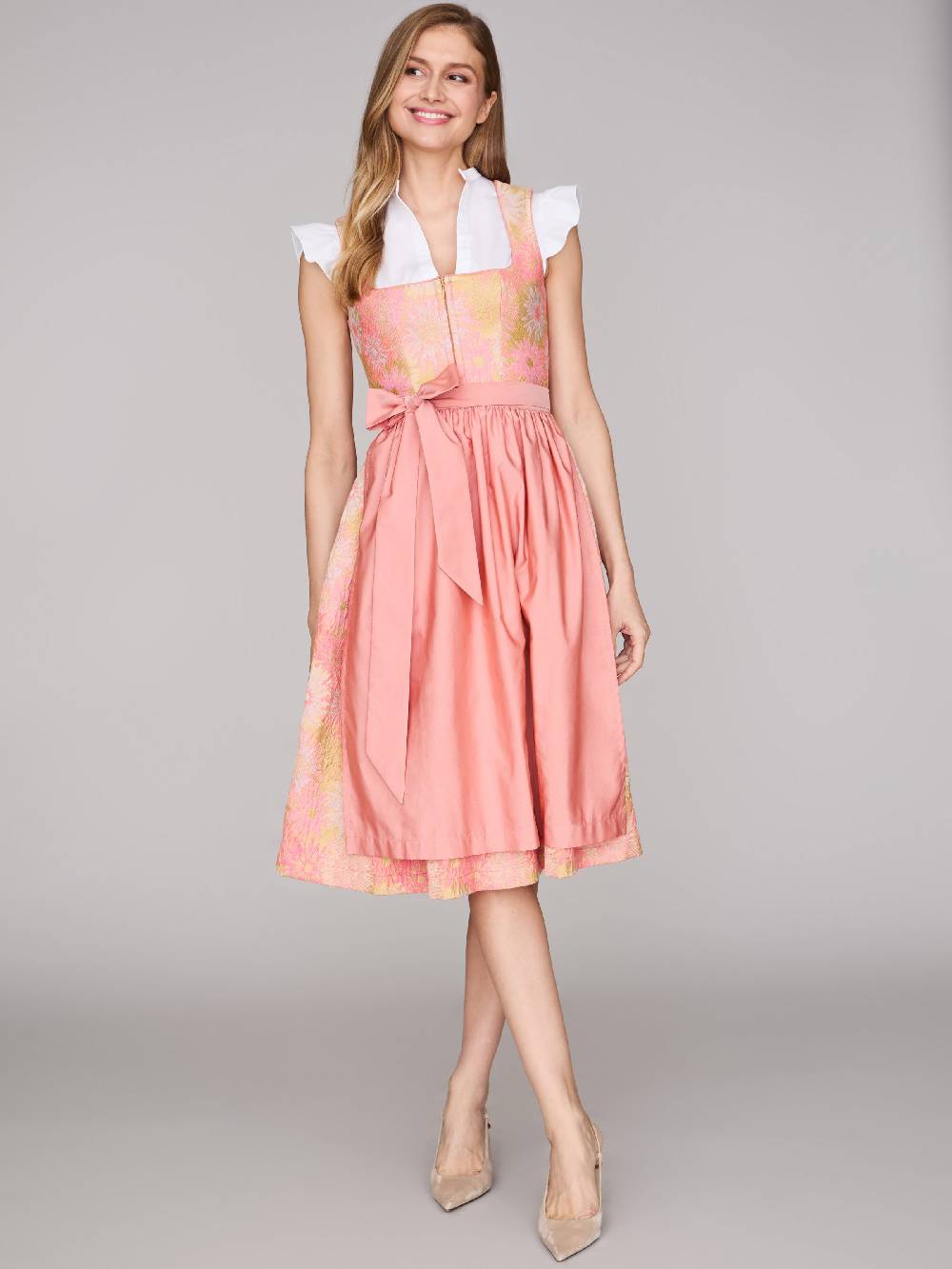 Limberry Rosa-farbenes Dirndl mit Blumenmuster - DAHLIA CORAL ALMOND Weihnachtsangebot