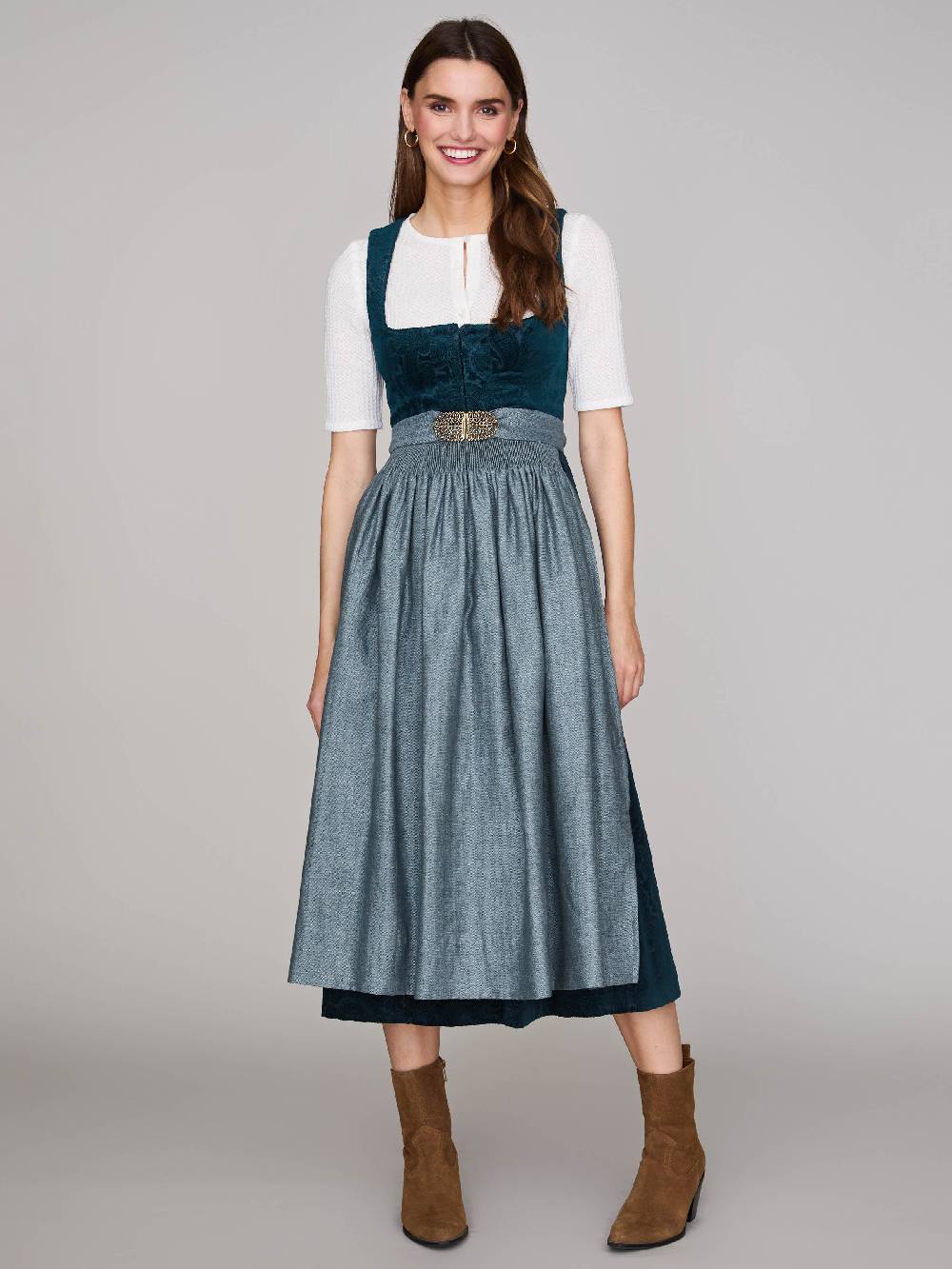 Limberry Petrolfarbenes Dirndl aus gemustertem Samt - ANTONIA CADMIUMGRÜN Exklusive Angebote