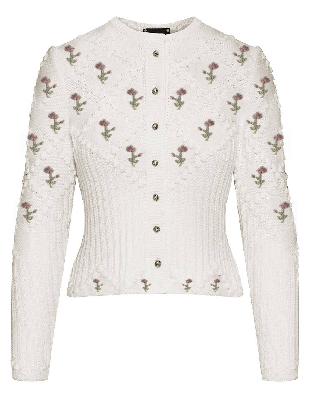 Limberry Cremeweiße Strickjacke mit rosa Blumenstickerei - ROMY Clearance-Verkauf