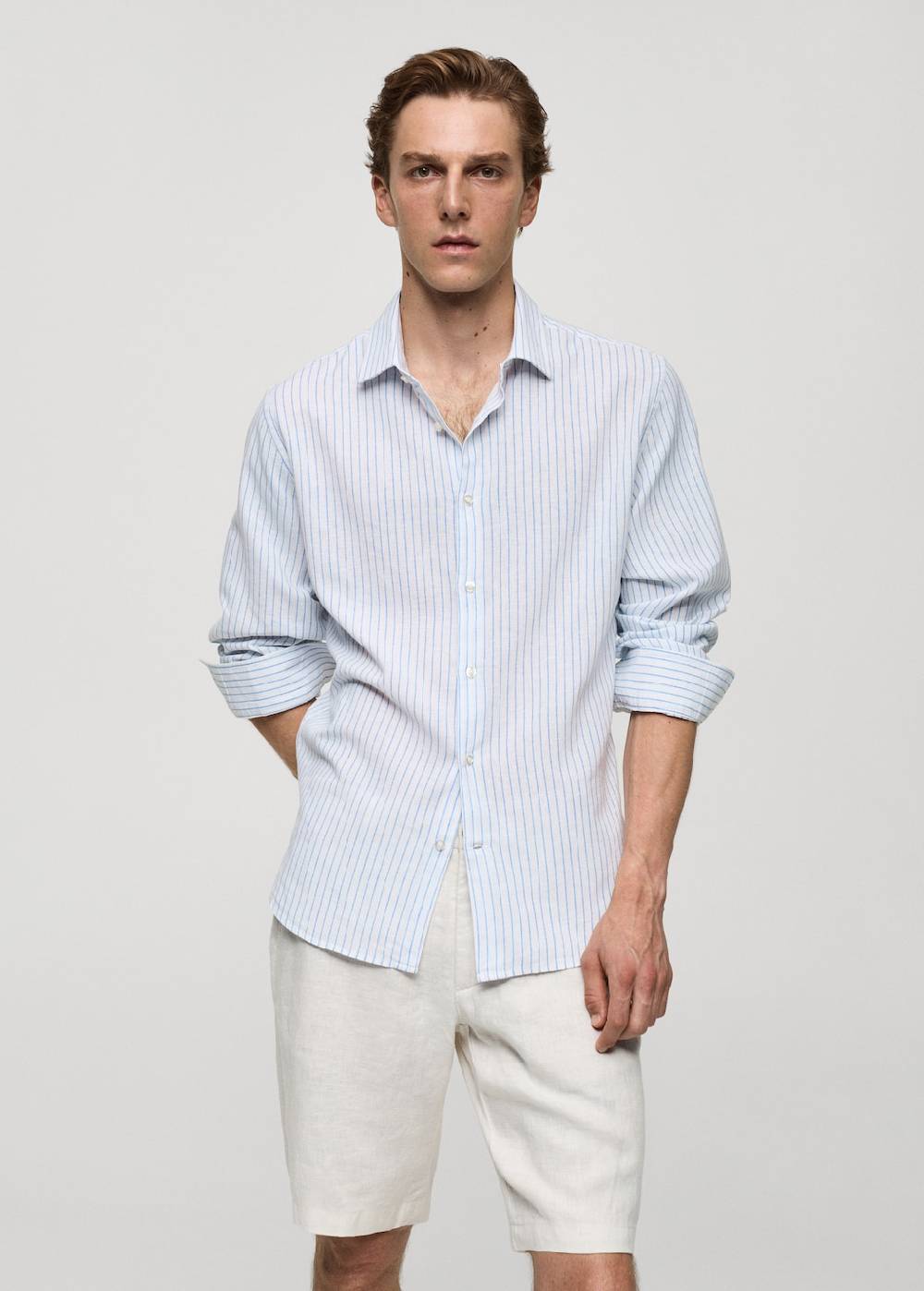 Mango Gestreiftes Regular-Fit-Hemd aus Leinen mit Baumwolle Online Shopping