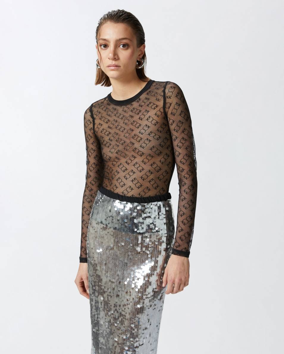Pinko Langarm-Shirt aus transparenter Spitze Monogram Versandkostenfrei