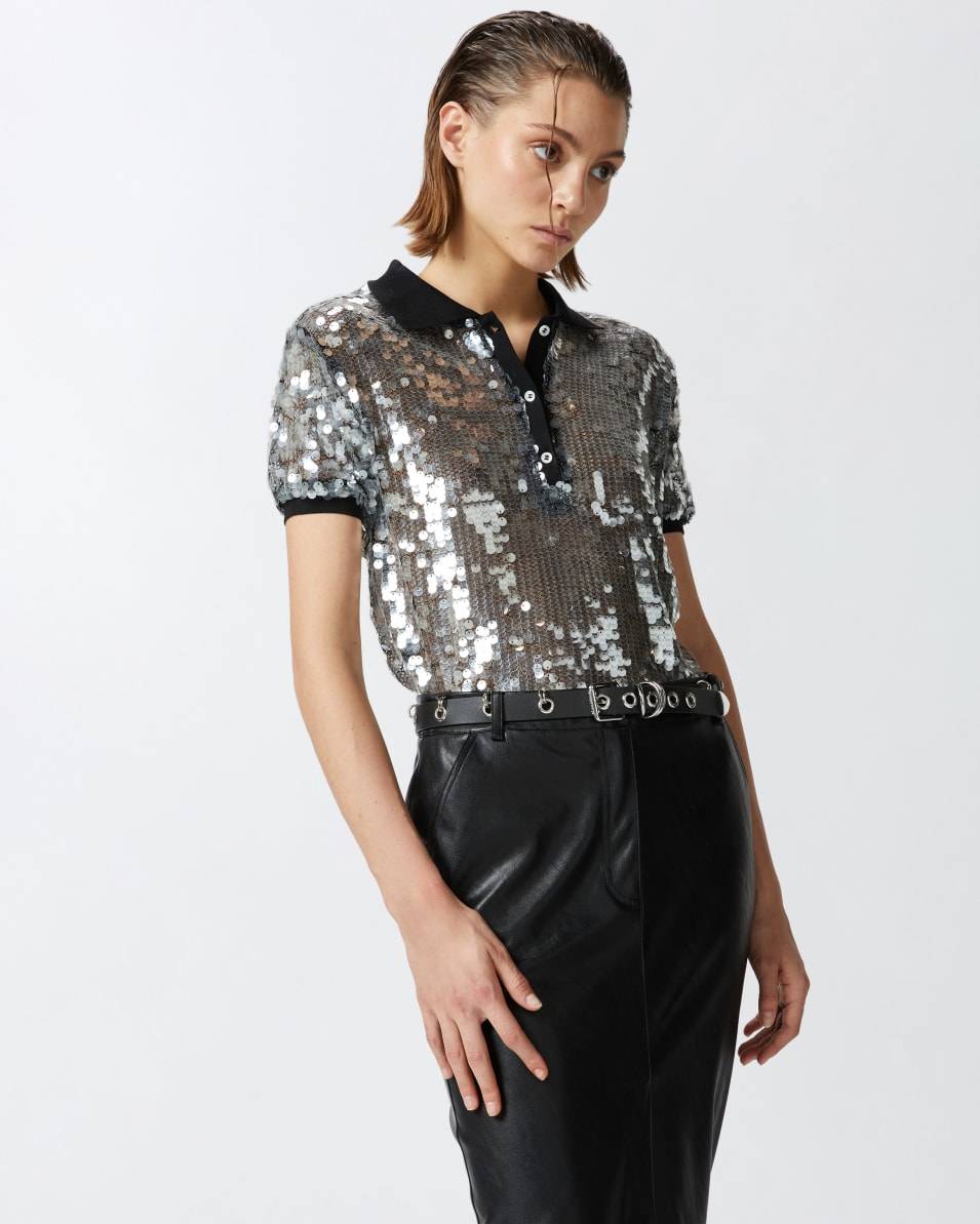 Pinko Halbtransparentes Pailletten-Poloshirt Online Shopping
