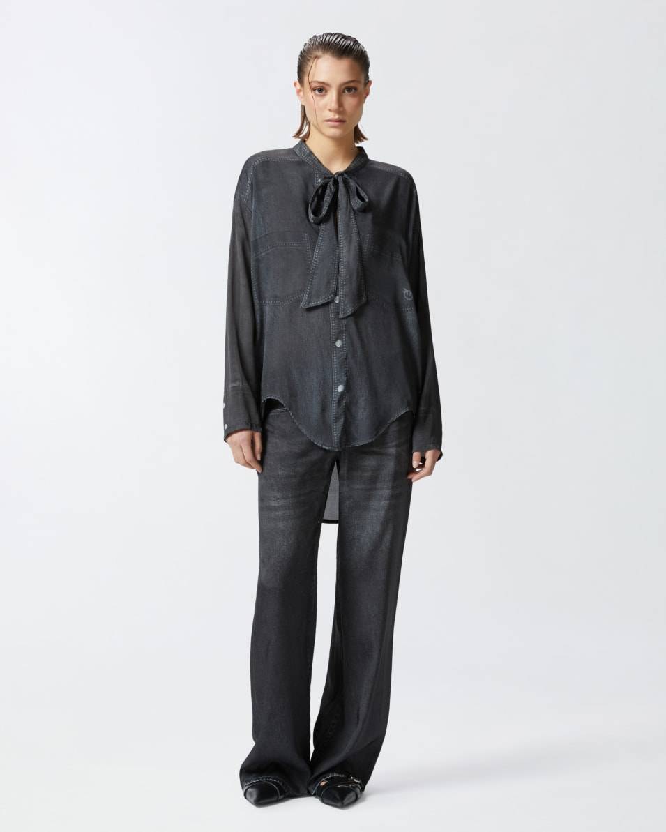 Pinko Leichte Bluse mit schwarzem Denim-Print Lagerräumung