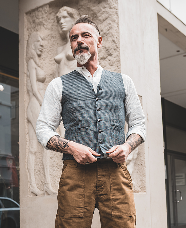 Pike Brothers 1905 Hauler Vest grey striped linen Riesige Ersparnisse
